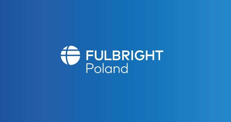 Logo programu - napis Fulbright Poland na niebieskim tle